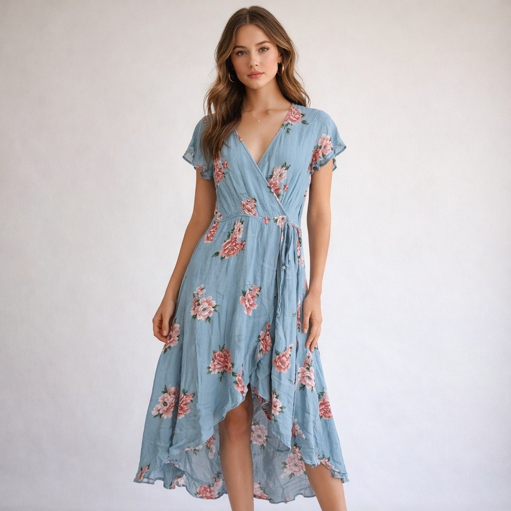 Altar'd State Blue Floral High-Low Wrap Dress